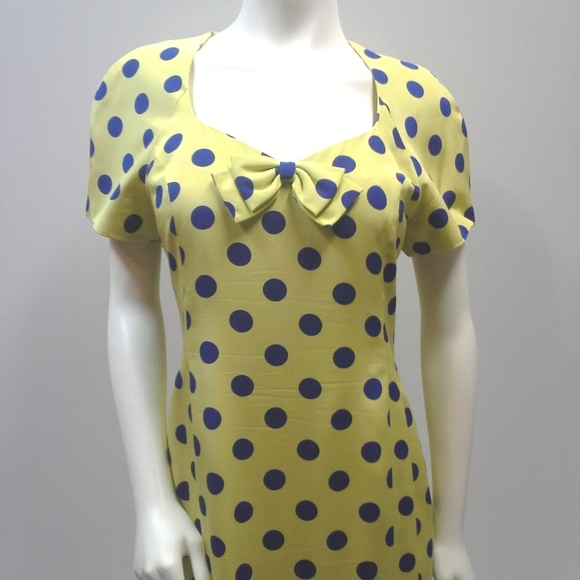 Vintage 80s 100% Silk Dress Chartreuse Blue Polka Dot Ruffle Hem Dress Size 8 - Picture 2 of 3